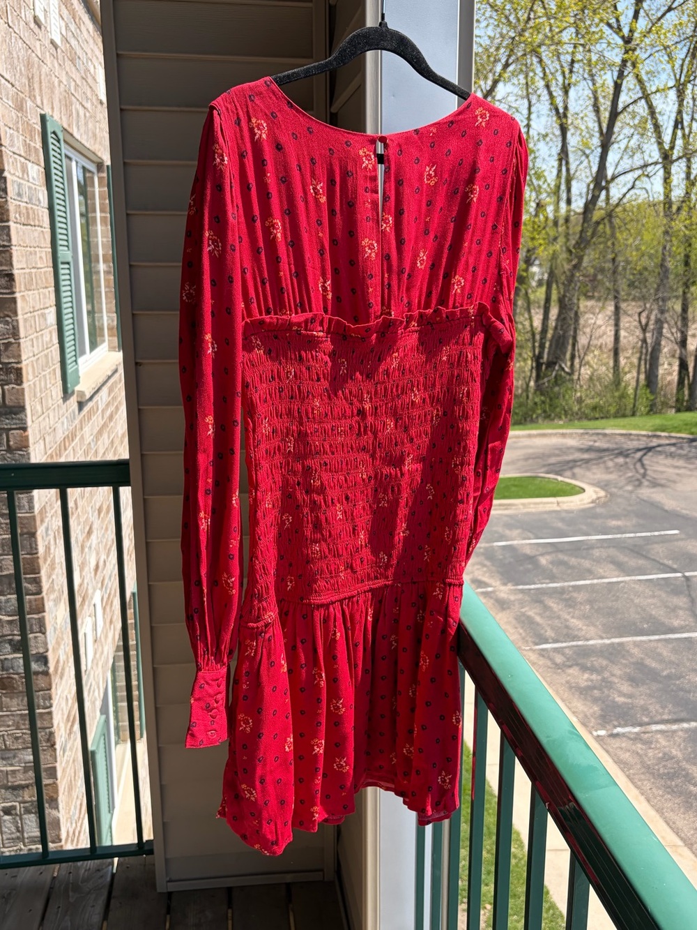 🆕🌹Free People Ruby Combo Smocked Mini Dress Boho Long Sleeve Red Floral XL Chic - Picture 5 of 17